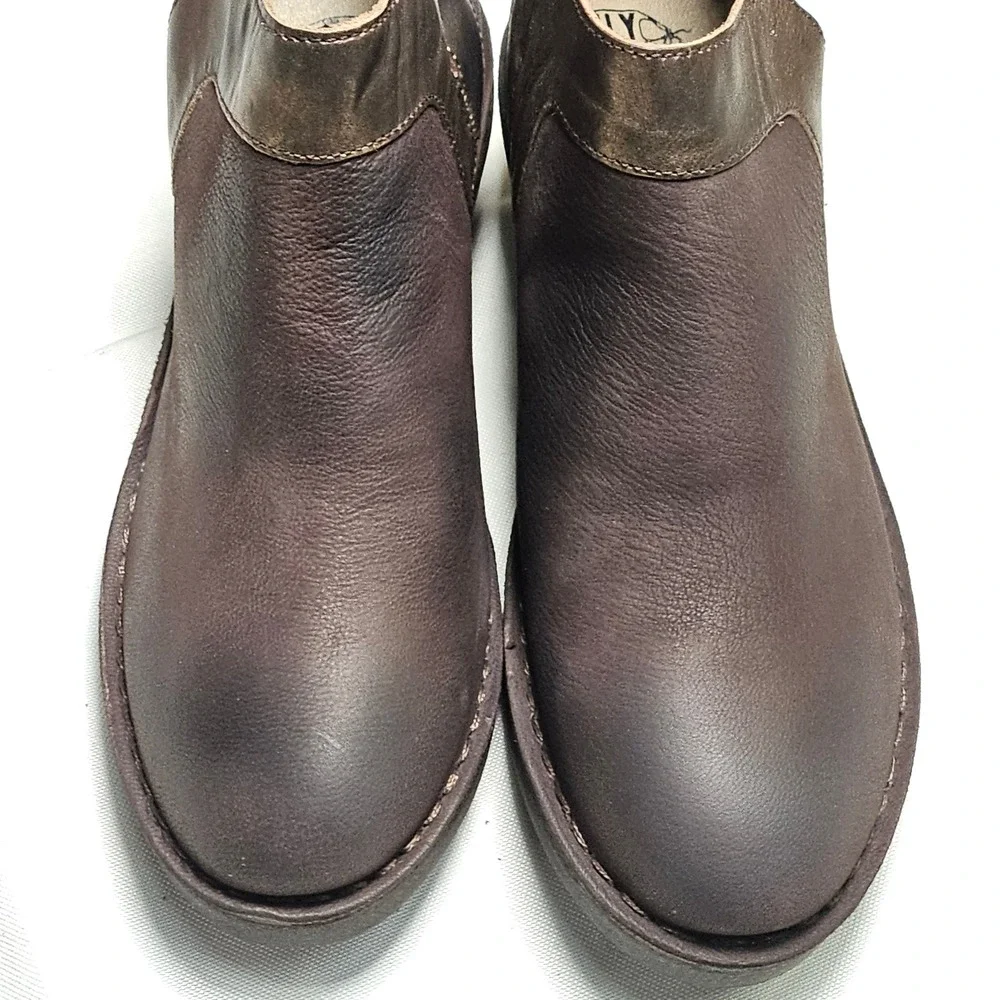 FLY LONDON Cupi/Bard Leather Ankle Boots‎ Bronze Detail Block Heel Zip Size 35